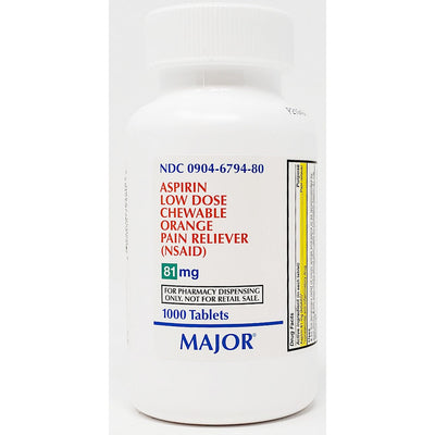 Aspirin (Low Dose) 81 mg, 1000 Chewable Tablets by Major
