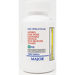 Aspirin (Low Dose) 81 mg, 1000 Chewable Tablets by Major