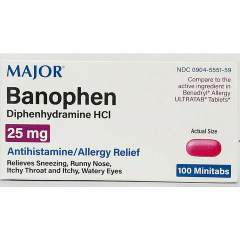 Banophen Diphenhydramine 25 mg, 100 Minitabs by Major 