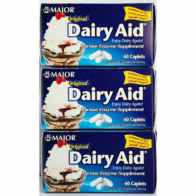 Dairy Aid Lactase Enzyme Supplement 60 Caplets each by Major 3 Pack
