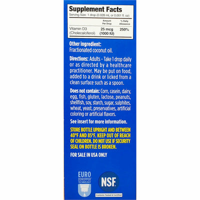 Liquid Vitamin D3 Drops, 25 mcg (1000 IU) 180 Drops