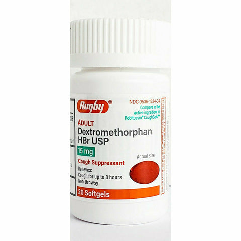 Cough Suppressant, Dextromethorphan  15 mg 20 Softgels by Rugby