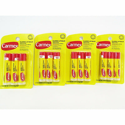 Carmex Classic Lip Balm, 0.15 oz  4 Packages of 3 Each (12 Sticks)
