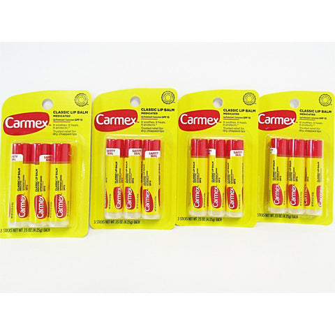 Carmex Classic Lip Balm 0.15 oz 4 Packages of 3 Each (12 Sticks)