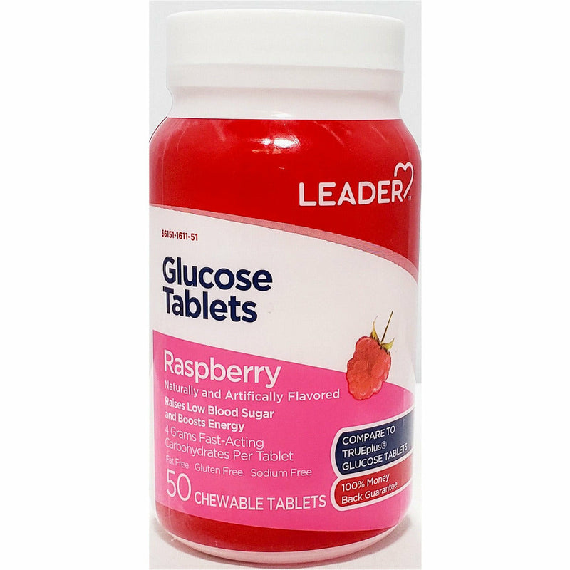 Glucose Tablets 50 Chewable Tablets (Raspberry Flavor) by Leader - Main product image