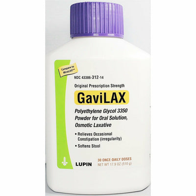 A bottle of GaviLax Polyethylene Glycol 3350 powder for oral solution, osmotic laxative, with a purple cap and a label indicating it is a product by Lupin.