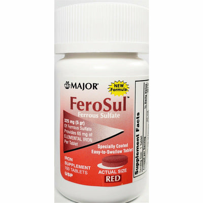 FeroSul (Ferrous Sulfate), 65 mg 100 Tablets (1 or 3 Pack) by Major