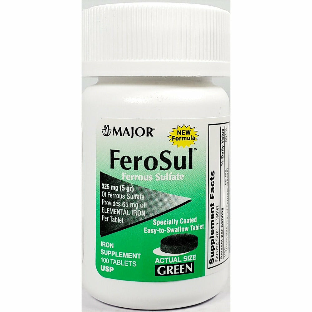 FeroSul (Ferrous Sulfate) 65 mg 100 Green Tablets (1 or 3 Pack) by Maj ...