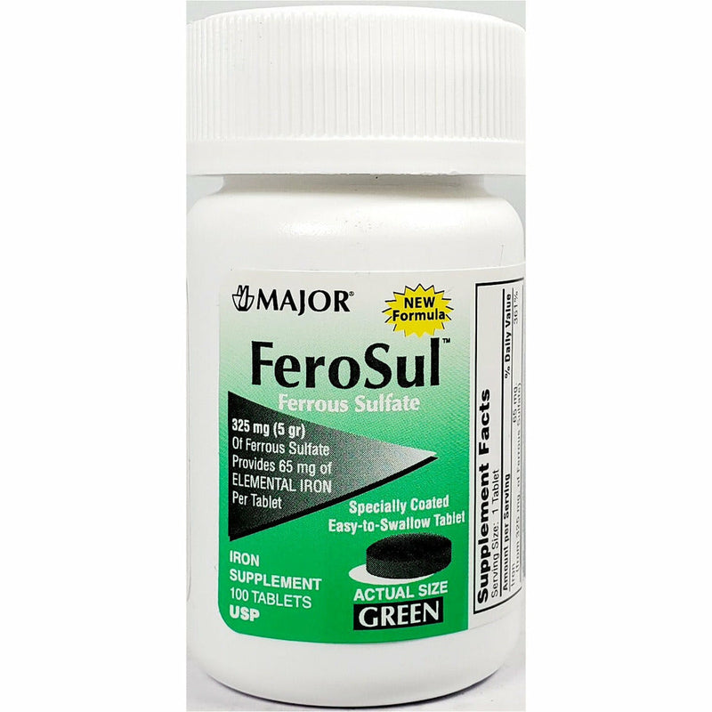 FeroSul 65 mg 100 Green Tablets (1 or 3 Pack) by Major - Main product image