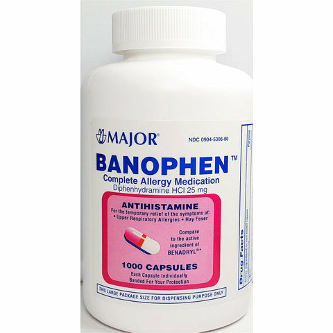 Major Banophen, Diphenhydramine 25 mg 1000 Capsules