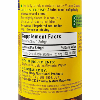 Nature Made Vitamin D3, 1000 IU (25 mcg) 100 Softgels (Immune Support)