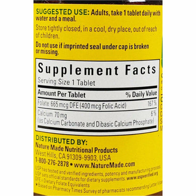 Folic acid 400 mcg (665 mcg DFE) 250 tablets by Nature Made, yellow label with supplemental facts