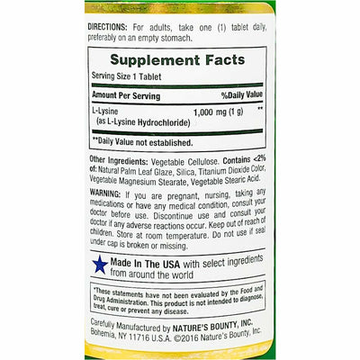Nature's Bounty L-Lysine 1000 mg, 60 Coated Tablets
