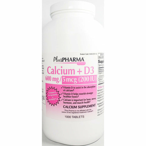 Calcium Supplement, 600 mg plus D3, 200 IU 1000 Tablets by PlusPharma