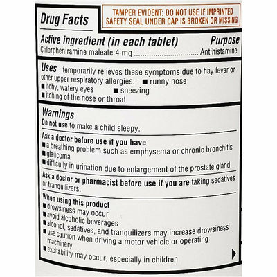 Rugby Aller-Chlor, Chlorpheniramine Maleate 4 mg 1000 Tablets 