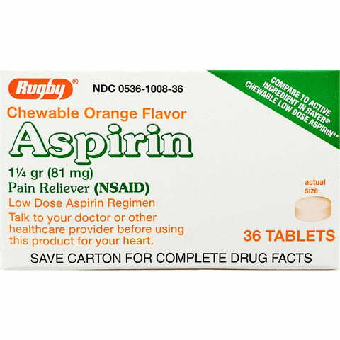 Rugby Chewable Aspirin 81 mg (low dose) Orange Flavor 36 Tablets