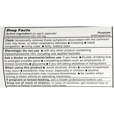 SDA Diphenhydramine HCl, 50 mg 1000 Capsules