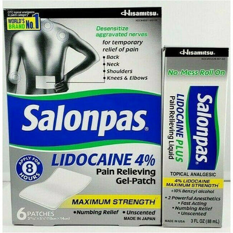 Salonpas Pain Relieving Gel-Patch 6 Ct & Liquid 3 Oz (1 Combo Pack) Patches Rubs