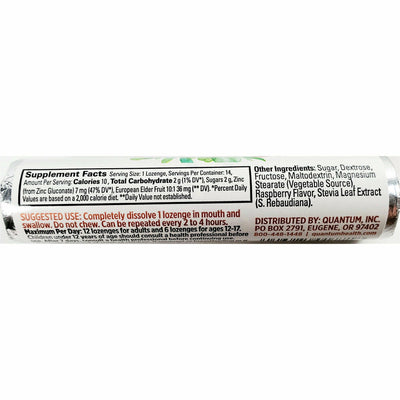 Therazinc Elderberry Lozenges in Natural Raspberry Flavor, packaging of 14 count supplement facts