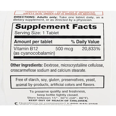 Vitamin B12 500 mcg 100 Tablets by Rugby
