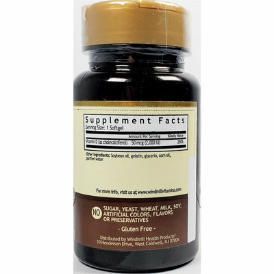 Windmill Vitamin D3, 50 mcg (2000 IU) 100 Softgels (Immune Support)