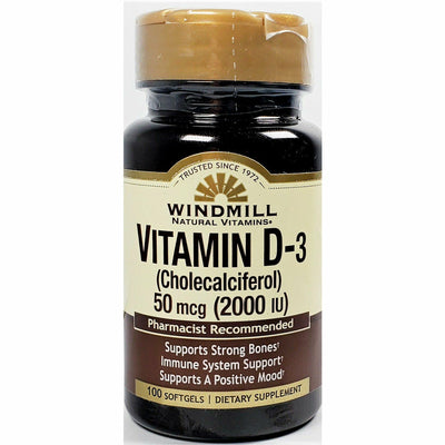 Windmill Vitamin D3, 50 mcg (2000 IU) 100 Softgels (Immune Support)